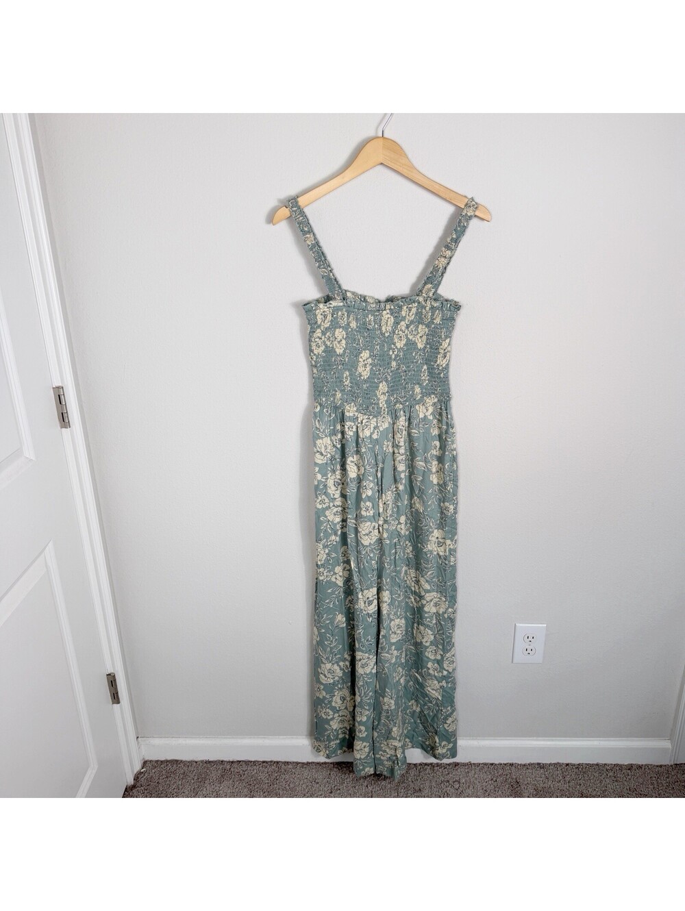 Patrons of Peace Jumpsuit Wide Leg Pockets Blue Cream Floral Boho Sz Medium
